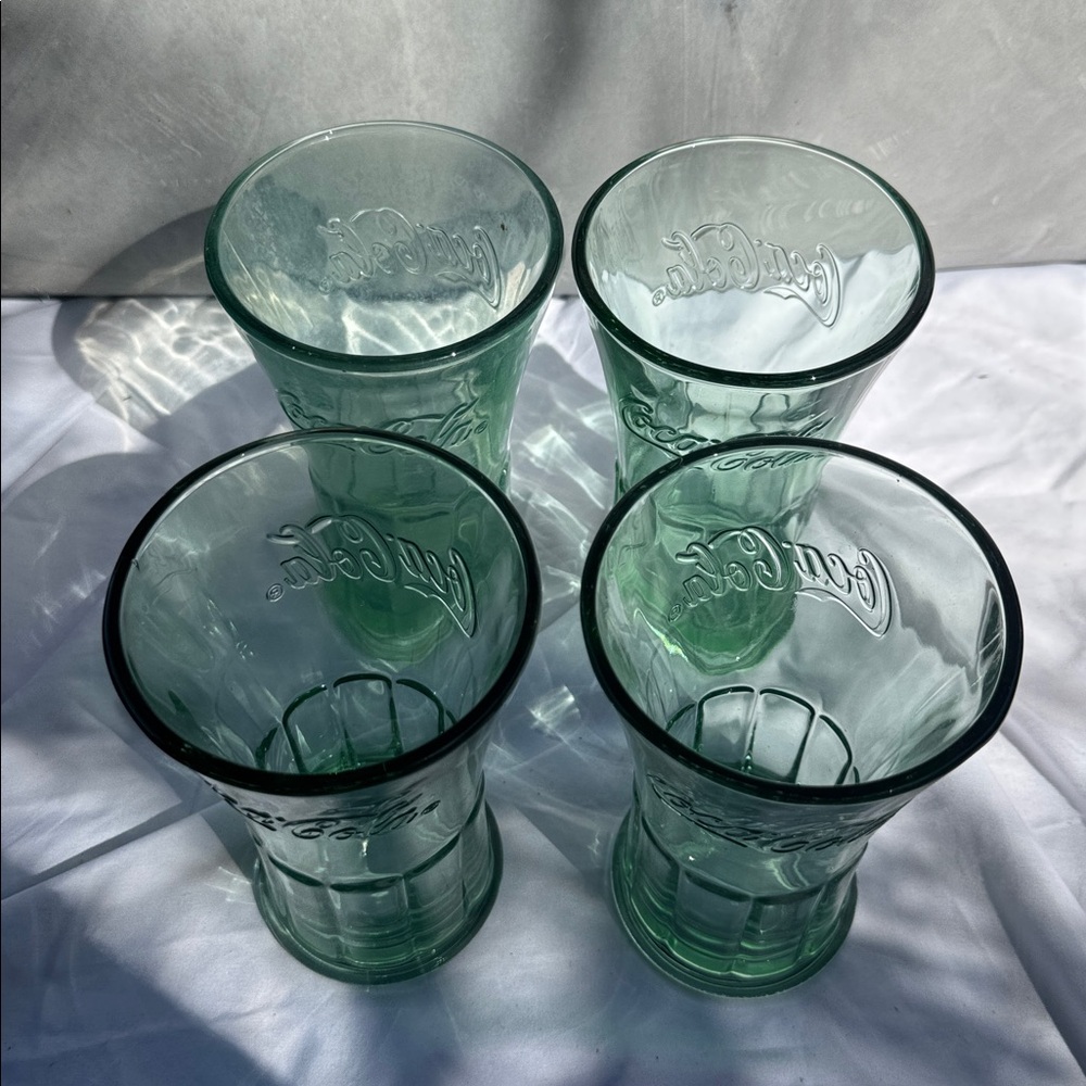 Vintage 2000 Coca Cola Coke Embossed Green Glasses Set of 4, Made in USA, Libbey - Picture 2 of 2